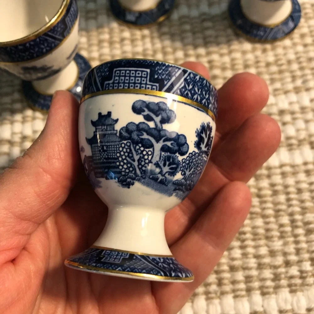 Vintage Booths England blue  and White Porcelain Egg Cups w Gold Trim - Set of 4